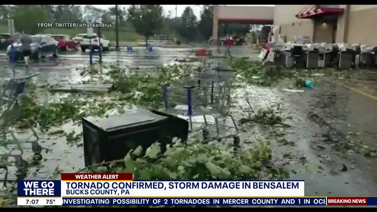 Debris scattered through parking lot of Bensalem Lowes during confirmed tornado